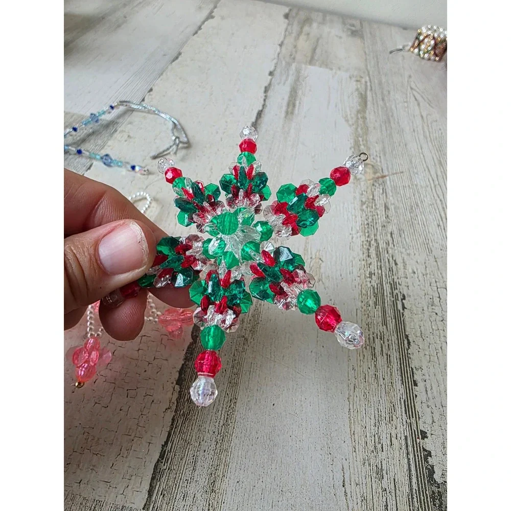 Vintage beaded star ornament pink blue Xmas tree pearls